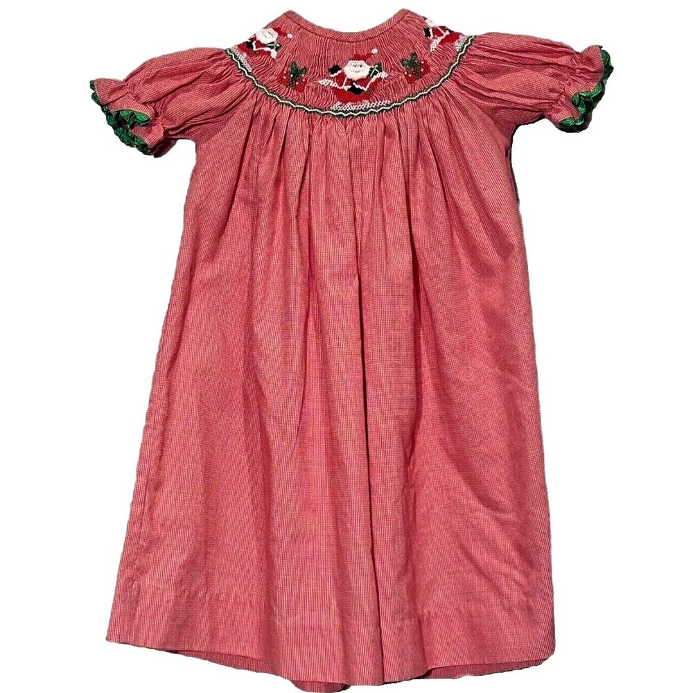 Santa Smocked Top Red Gingham Christmas Dress Full Button Back Baby Girl 18-24Mo